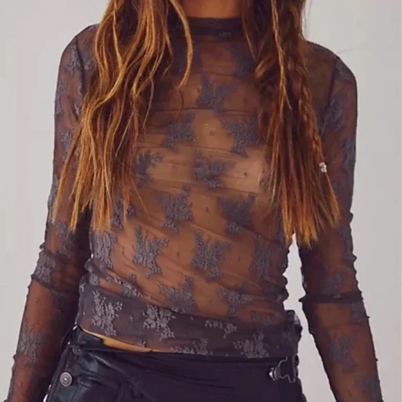 Free People Intimates Lady Luck Layering Top Black Sand Small Lace Long Sleeve - Picture 8 of 8